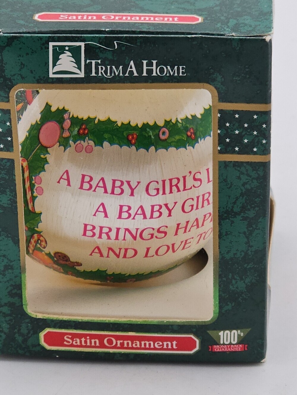 Vtg Trim A Home Baby Girl Shines Satin Ball Christmas Tree Ornament Kmart Box